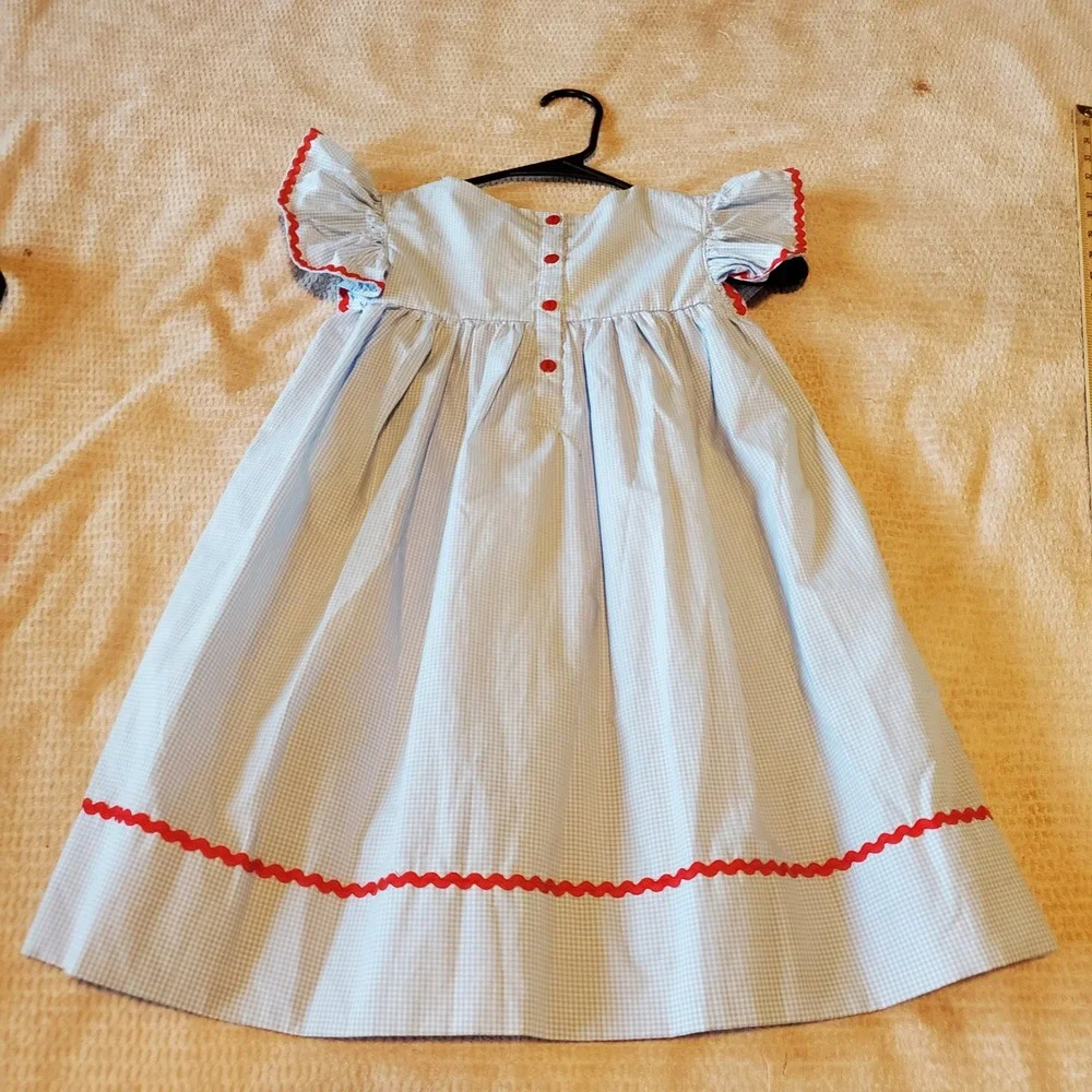 Boots & Bows Smocking Co Blue Gingham Floral Embroidered Ric Rac Dress Kids